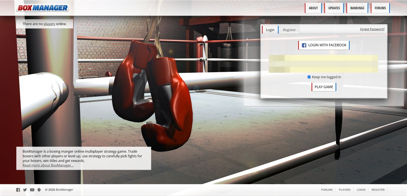 The original BoxManager homepage: a red and blue logo, a pair of boxing gloves hanging over a ring and a login box with a Facebook button.